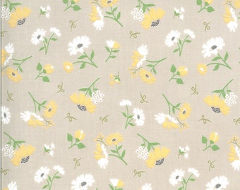 RARO - Por MEDIA METRAJE CONTINUO - Spring Brook de Corey Yoder para Moda Fabrics, Patrón #29111-12 Margaritas esparcidas sobre piedra topo