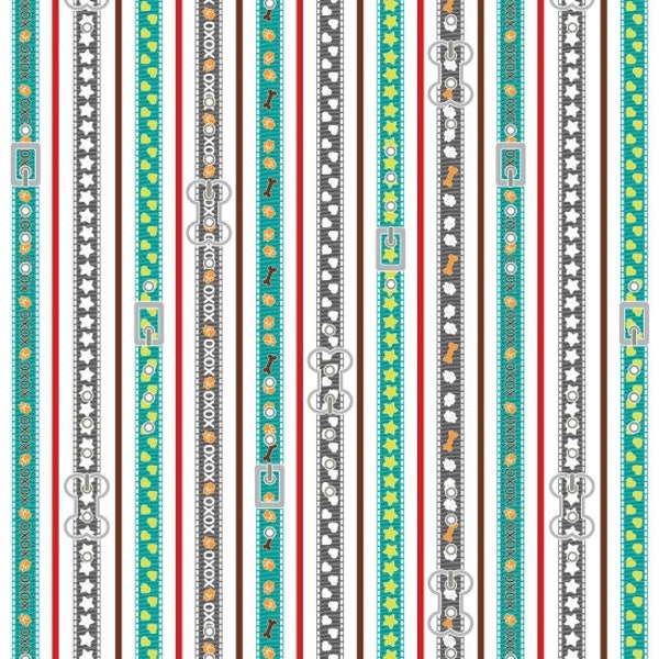 By The Continuous HALF Yard - Dog Park by Sarah Frederking For Studio e #2935-16 Striped Dog Collars, Teal, Gray, Hearts, Stars on White