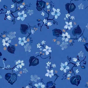 RARE - By The CONTINUOUS HALF Yards - Blue Crush by August Wren for Dear Stella Designs, #1296-Multi Tossed Fall Floral Vines on Blue
