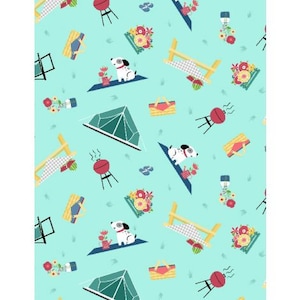 RARE - By The Continuous HALF YARD - Adventure Time by Anne Rowan for Wilmington Prints, Pattern #68535-445 Camping Toss on Teal Blue