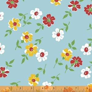 RARE - By The Continuous HALF YARDS - Rebote de Allison Harris para Windham, #51054-4 Flores rojas, blancas y amarillas arrojadas en azul claro