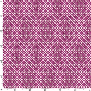 RZADKIE - By The Continuous HALF YARD - Świeżo zebrane przez Sue Zipkin dla Clothworks, #2369-45 Diagonal White Grid w kropki diamentowe na fioletowym tle w kolorze bakłażana