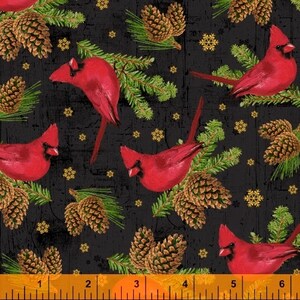 RARE- By The Continuous HALF YARDS - Comfort and Joy by Katie Petite of Whistler Studio for Windham #51885M-3 Red Cardinals, Gold Snowflakes