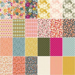 May include: A collection of 20 fabric squares with various patterns, including floral, geometric, and polka dot designs. The fabrics feature a mix of colors, including pink, blue, green, yellow, and orange.