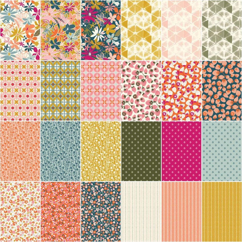 May include: A collection of 20 fabric squares with various patterns, including floral, geometric, and polka dot designs. The fabrics feature a mix of colors, including pink, blue, green, yellow, and orange.