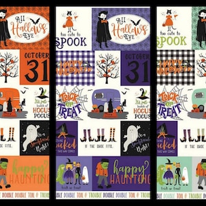 Peut inclure: Un ensemble de trois panneaux de tissu sur le thème d'Halloween avec un fond blanc et des illustrations colorées. Les panneaux présentent divers icônes d'Halloween, notamment des fantômes, des sorcières, des citrouilles et le texte "All Hallows Eve" et "October 31".