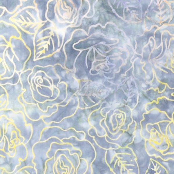 By The Continuous HALF YARD - Spring Mod Petal Batik by Robert Kaufman #AMD-12272-107, Cream & Yellow 3" Roses on Violet Orchid Blue Batik