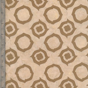 May include: A beige fabric with a repeating pattern of brown circles with a smaller circle inside. The circles are outlined with a thicker brown line.