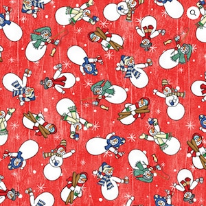 May include: A repeating pattern of snowmen on a red background. The snowmen are white with black top hats, and colourful scarves, hats, and mittens. Some snowmen are fishing, skiing, or holding mugs. White snowflakes are scattered throughout.