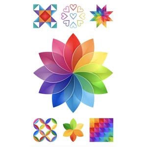 May include: A collection of colorful geometric designs and patterns. The image features a large, multi-colored flower-like design, along with several smaller shapes including a star, a square, and a series of hearts, all in vibrant hues.