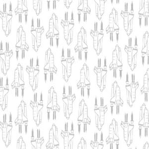 Rare - By The Continuous HALF YARDS - Out of this World, Whistler Studios, Windham Fabrics, Pattern #50780-3, Gray Space Rockets on White