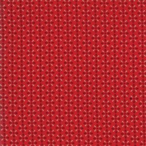 May include: Red fabric with a repeating pattern of small white flowers.