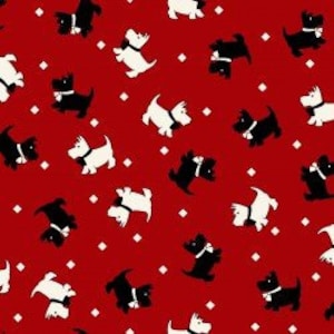 RARE - By The Continuous HALF YARDS - Walk in the Park by Maywood, #8801-R Tossed Black and White Scottish Dogs on Red, 1930’s Reproduction