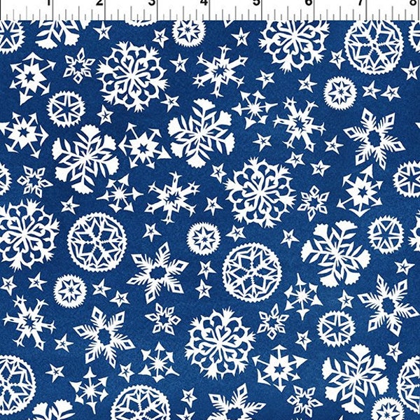 RARE - By The Continuous HALF YARDS - Snowy by Julie Paschkis for In The Beginning Fabrics, #7JPL-1 White Artistic Snowflakes on Blue