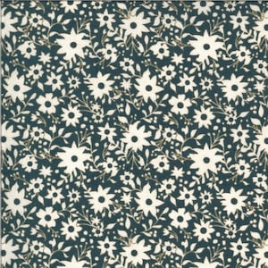 May include: A fabric with a repeating floral pattern. The design features white flowers of varying sizes and shapes, along with small white dots and thin, gold-coloured stems and leaves, set against a dark teal background.
