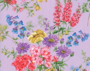Rare - By The Continuous HALF YARD - Wildflowers IX by Moda Fabrics, #33381-12 Multicolored Floral Bouquet on Lilac Purple, Green Leaves