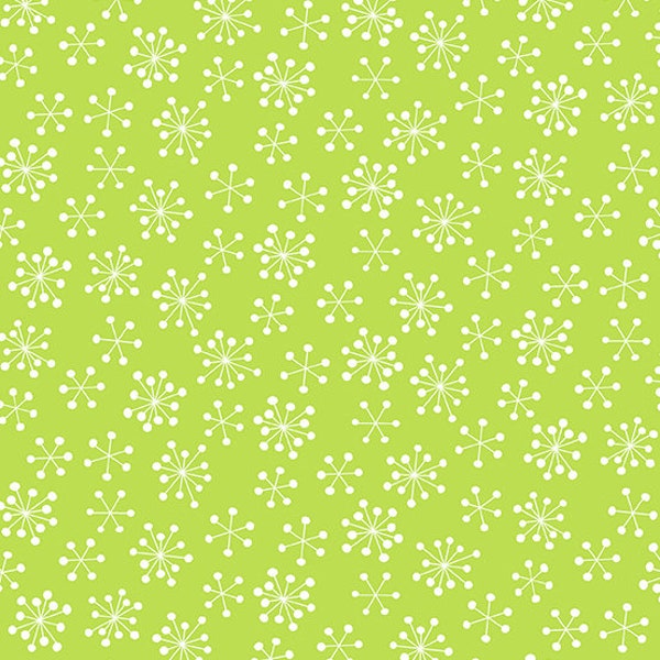 RARE - By The Continuous HALF YARD - Very Merry by Kim Schaefer for Andover Fabrics, Pattern #9401-G Falling White Snowflakes on Lime Green