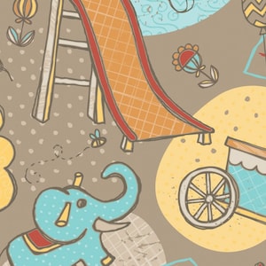 By The HALF YARD - Playground by Vita Mechachonis for Camelot, #1140601-03 Fun Times on Taupe, Slides, Swings Merry Go Round, Elephant, Duck