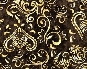 RARE- By The CONTINUOUS HALF Yards - Unbridled by Dan Morris for Quilting Treasures #24695-B Tooled Leather Inlay Scroll on Tonal Dark Brown