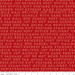 By The HALF YARD - Christmas Delivery by Carta Bella for Riley Blake, #C7335-RED Text, White Outlined Postal Block Lettered Words on Red