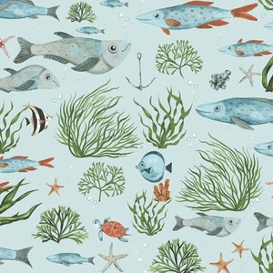 RARE - By The Continuous HALF YARD - Hook, Line and Sinker for Dear Stella, #1804 Underwater Ocean Scenes, Fish, Turtles on Skylight Blue