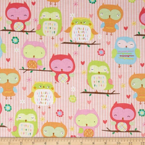 Hearts and Flowers Owl /& Company by RBD for Riley Blake Owls Pattern #F4940 Main Pink Stripe FLANNEL Rare By The Continuous HALF Yard
