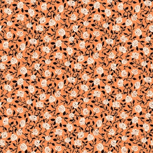 May include: An all-over pattern featuring white roses with black stems and leaves on an orange background. The floral design is densely packed, creating a textured appearance. The roses are in full bloom, adding a classic touch to the design.