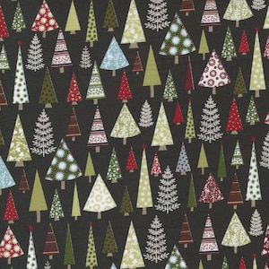 RARE - By The Continuous HALF YARDS - Peppermint Bark by BasicGrey for Moda, #30692-12 Decorated Christmas Trees on Dark Chocolate Brown