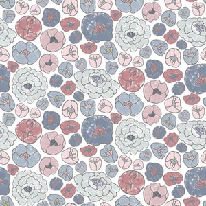 RARE - By The Continuous HALF YARDS - Afternoon in the Park by Lynn Clark for River&#39;s Bend #2282-5 Tonal Blue and Pink Happy Floral on White