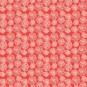 May include: A seamless pattern of white stylised roses on a red background.