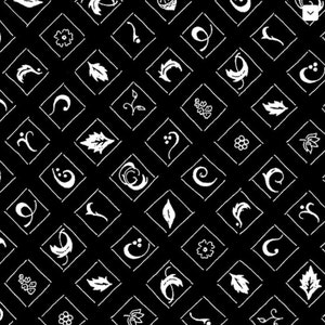 By The HALF YARD - Park Drive by Jill Finley for Henry Glass, #6275-99 Small White Botanical Symbols in Diagonal 1/2” Squares on Black