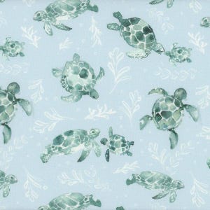 RARE - By The Continuous HALF YARD - La Mer by Clara Jean for Dear Stella Fabrics, #2475 Tossed Swimming Teal Turtles on Canal Blue, Seaweed