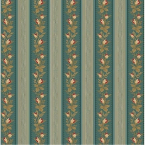 RARO - REMANENTE DE 48 cm - Colección Yorktown de Sara Morgan para Blue Hill, Patrón n.° 8243-023, Rayas florales sobre verde azulado, Creador de alijos, Acolchador