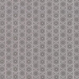 以下が含まれることがあります： グレーの背景に、装飾的なデザインが施された白い円のシームレスなパターン