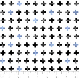 May include: A white background with a repeating pattern of black plus signs. Some of the plus signs are blue.