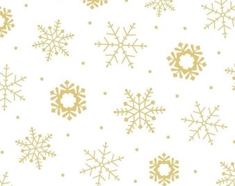By The HALF YARD - Holiday Metals by Quilting Treasures, Pattern #24497ZS (White/Gold) Snowflake, Metallic Gold Snowflakes and Dots on White