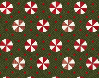 RARE - By The Continuous HALF Yards - Snowdays FLANNEL by Bonnie Sullivan for Maywood, #9936-G Red and White Peppermints on Green, Red Dots