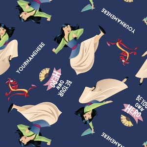 By The Continuous HALF YARD - Be Your Own Hero by Springs Creative Products, Pattern #CP66994 Mulan and Mushu Toss, Disney Fabric