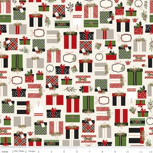 By The HALF YARD - Christmas Delivery by Carta Bella for Riley Blake, #C7331-CREAM Presents, Wrapped Presents, Labels on a Cream Grid, Twigs