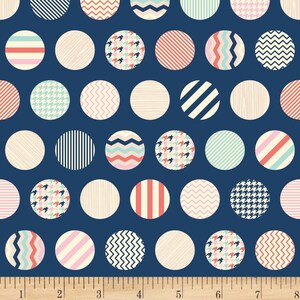 May include: A seamless pattern of colorful polka dots on a navy blue background. The polka dots feature various geometric patterns, including stripes, zigzags, and houndstooth.