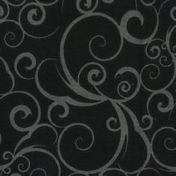 17" REMNANT - Scrolling by Quilter’s Showcase, Gray Flowing Scrolls on a Black Background