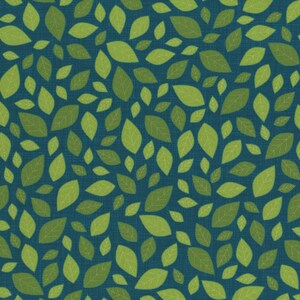 Könnte beinhalten: Ein nahtloses Muster aus grünen Blättern auf einem blaugrünen Hintergrund. Die Blätter sind stilisiert und haben eine strukturierte Oberfläche.
