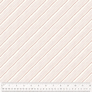 May include: White fabric with a diagonal red and white striped pattern. The stripes are made of small red dots.