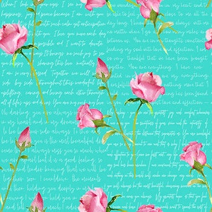 RARE - By the Continuous HALF YARD - Love Letters by Barb Tourtillotte for Henry Glass #1858-11 Tossed Pink Roses on Aqua with White Cursive