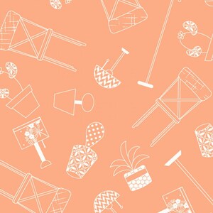 May include: A seamless pattern featuring white line drawings of various home decor items on a peach background. The pattern includes chairs, lamps, potted plants, and other decorative objects.