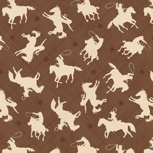 RARE - By The CONTINUOUS HALF Yards - Heart of the West by Jennifer Pugh for Wilmington, Pattern #82614-221 Cream Cowboy Toss on Brown