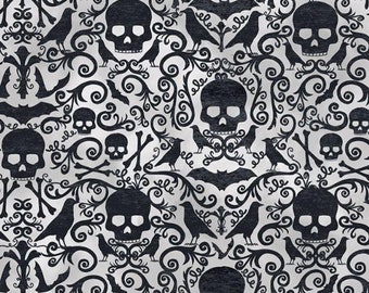Rare - By The Continuous HALF YARDS - Boo Brew by Timeless Treasures, #BOO-C7084 Black Skull and Crossbones, Ravens, Bats on Light Gray