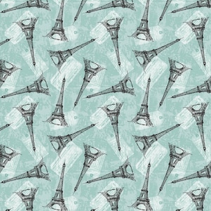 RARE - By The Continuous HALF YARD - Merci Paris by Whistler Studios for Windham, #52140-4 Tossed Black Eiffel Towers on Verdigris Blue