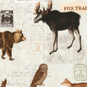 Puede incluir: Una ilustración de estilo vintage con un alce, un oso, un búho y un zorro con texto que dice "Moose Lake", "Fox Trail", "Deer Lake" y "Paid 5 Cents".