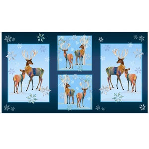 RARE - 24 » X 44 » PANEL - First Frost Deer, ArtWork By Turnowsky pour Quilting Treasures, #27435-N Deer Blocks on Blue with Snowflakes